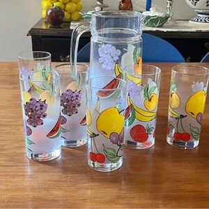vintage Dartington France fruit print frosted pitcher jug and 6 glasses